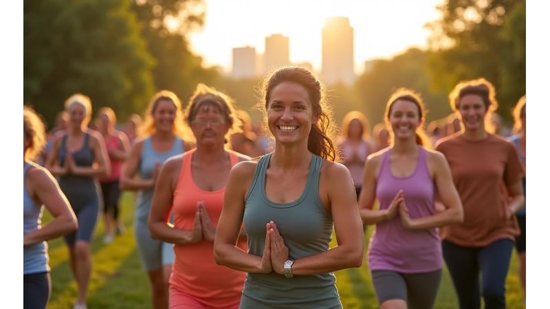 Group of diverse adults participating in an outdoor yoga class in an Atlanta park, demonstrating community engagement.