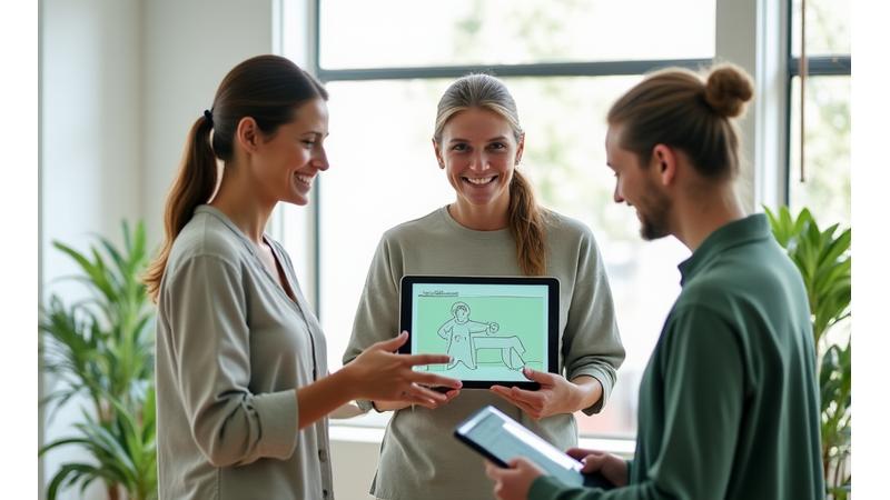 Diverse group of adults engaged in thoughtful conversation in a bright, modern wellness center.