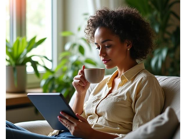 Woman enjoying morning coffee and reading a wellness blog on a tablet, surrounded by natural light and green plants.