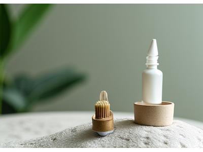 Bamboo charcoal toothbrush with natural bristles next to a minimalist tube of fluoride-free toothpaste, on a light, textured background.