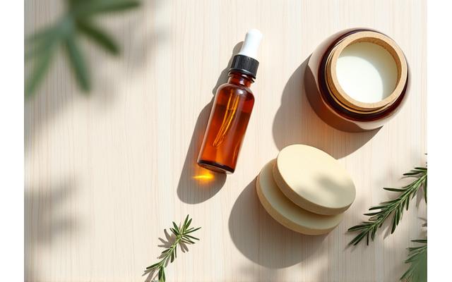 Natural beauty products on a minimalist wooden surface with fresh green leaves and soft sunlight, showcasing sustainable containers.