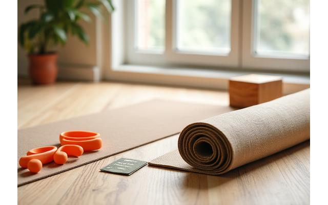 Eco-friendly yoga mat and resistance bands made from natural rubber and sustainable materials, laid out on a clean unvarnished wood floor in a serene studio setting.