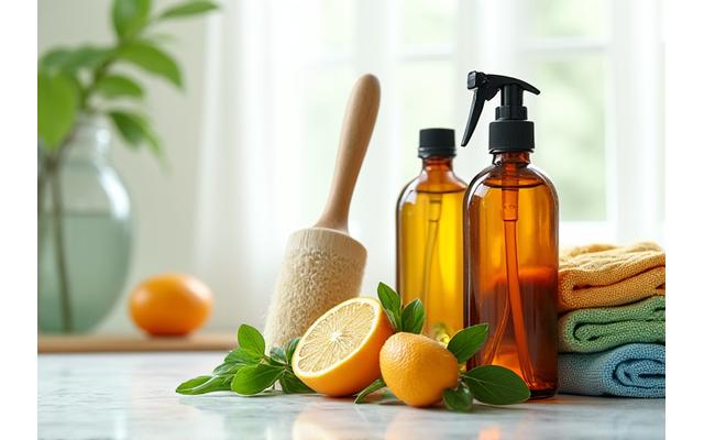 Eco-friendly cleaning supplies in glass bottles, with reusable cloths and fresh citrus slices, arranged on a sparkling clean surface, suggesting natural effectiveness.