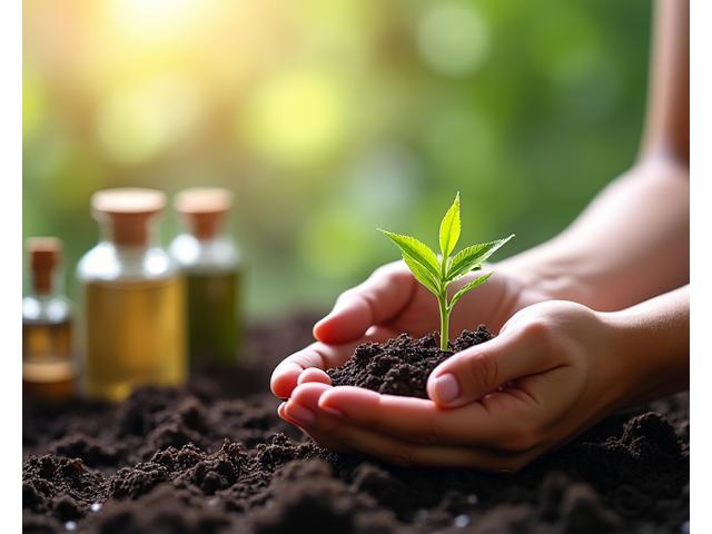 Hands cradling a vibrant green sprout emerging from rich soil, with a soft blur of natural light and sustainable product packaging in the background, symbolizing growth, wellness, and environmental care.