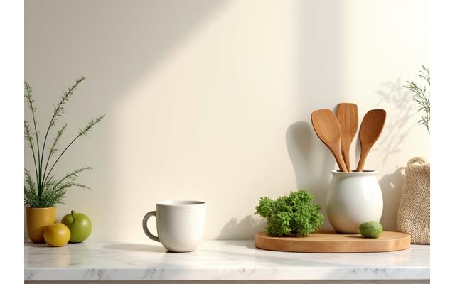 A collection of minimalist, sustainable kitchen tools like bamboo utensils, ceramic containers, and natural fiber dish brushes on a light countertop bathed in sunlight, evoking a clean, conscious home.