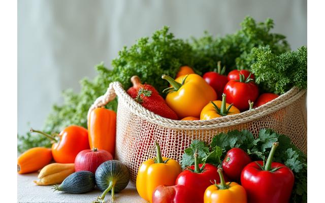 Assortment of fresh, organic fruits, vegetables, and grains beautifully arranged in sustainable, reusable produce bags, emphasizing healthy and ethical eating.