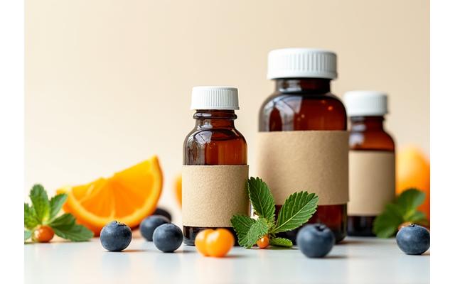 Various organic supplement bottles made from recycled glass, arranged on a light background with fresh fruit and herbs, emphasizing natural health.