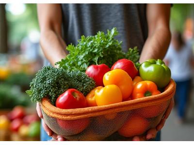 Set of various sized mesh reusable produce bags filled with colorful fresh fruits and vegetables at a farmer's market, held by hands, emphasizing zero-waste shopping.