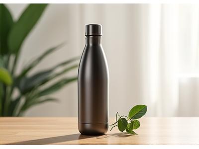 Sleek, minimalist stainless steel water bottle on a modern wooden table next to a green plant, implying hydration and sustainability.