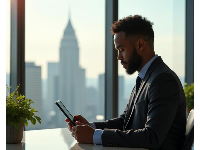 Busy executive maintaining composure and health in a modern Atlanta office, symbolizing integrated wellness and performance