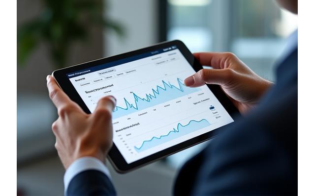 Executive reviewing a modern, clean health dashboard on a tablet, showcasing data integration and discreet monitoring