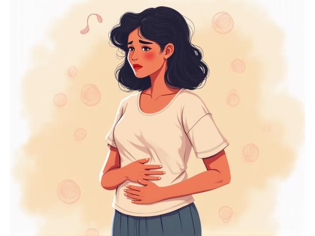 Illustration of an adult looking stressed with swirling digestive discomfort, overlaid with subtle symbols of medication and processed food