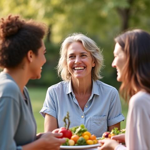 Happy, vibrant adults aged 35-55, smiling and engaging in healthy activities like light jogging or enjoying a wholesome meal, conveying vitality.