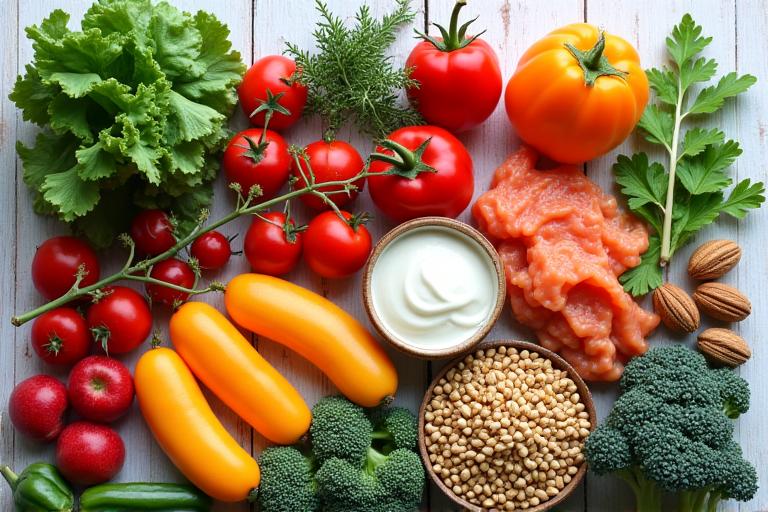 Artistic flat lay of various gut-healthy foods: colorful fruits, vegetables, nuts, seeds, and fermented foods.