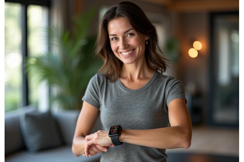 A woman in her late 40s smiling confidently while looking at a smart watch displaying health metrics, with a blurred, modern home gym in the background.
