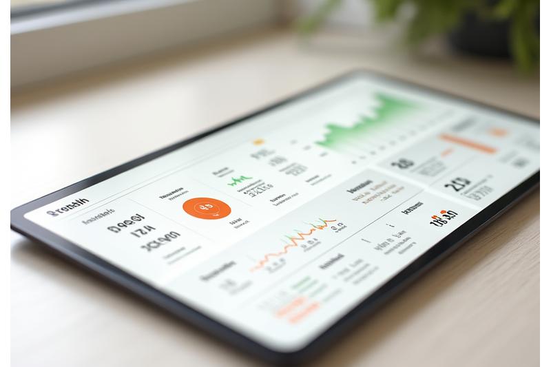 A detailed digital health dashboard displaying various metrics like heart rate, sleep cycles, activity levels, and nutrition logs on a tablet device, with subtle graphs and data visualizations.