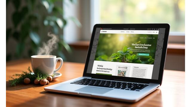Person using tablet, showing a health blog interface, surrounded by plants and coffee.