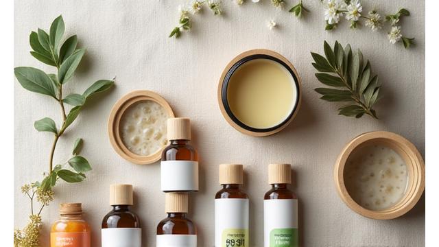 Sustainable, eco-friendly product packaging with natural textures on a light background.