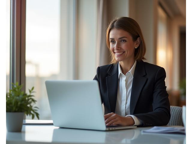 Busy executive confidently working in a calm, modern office.