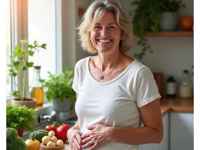 Woman happily holding stomach, illustrating gut health.