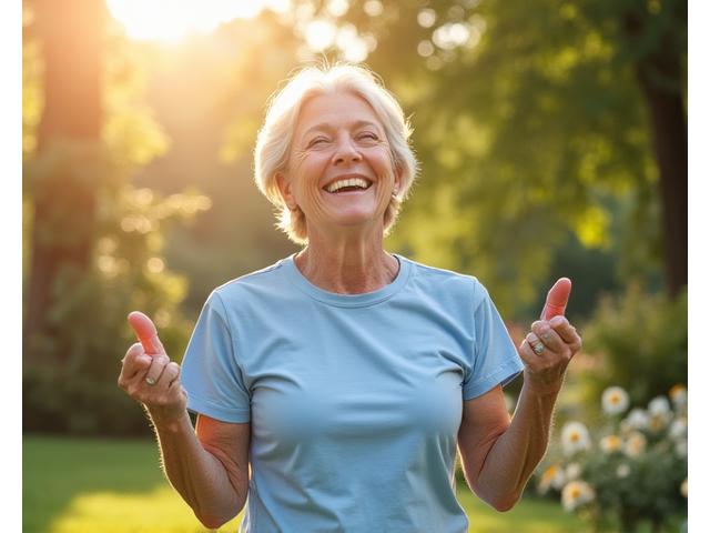 Smiling woman exercising outdoors, radiating health during menopause.