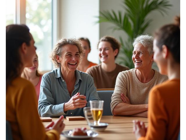 Diverse group of adults laughing and engaging in a wellness workshop.