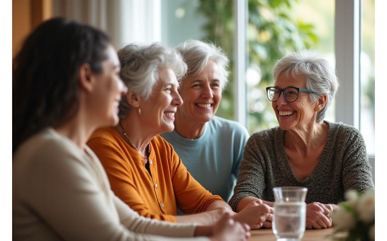 Diverse group of women smiling and engaging in a supportive community setting.