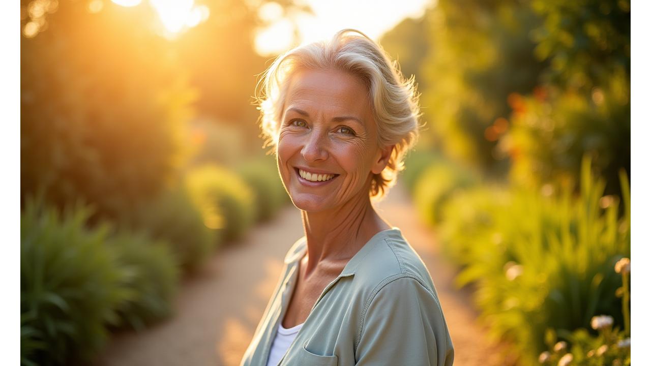 Woman confidently smiling in lush, natural surroundings, symbolizing vitality during menopause.