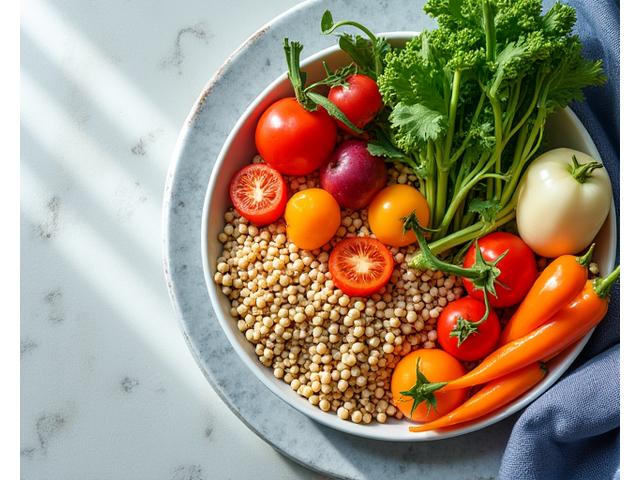 Overhead view of a vibrant, healthy meal rich in leafy greens, nuts, and lean protein, symbolizing balanced nutrition.