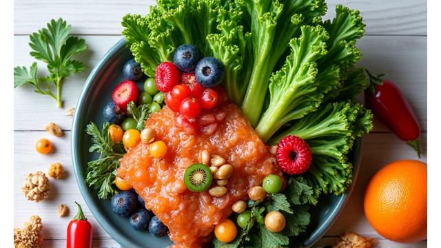 Fresh, vibrant fruits, vegetables, and whole grains arranged to promote healthy eating.