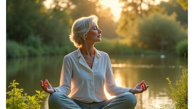 A woman meditating calmly in a serene, green outdoor setting, symbolizing stress reduction.