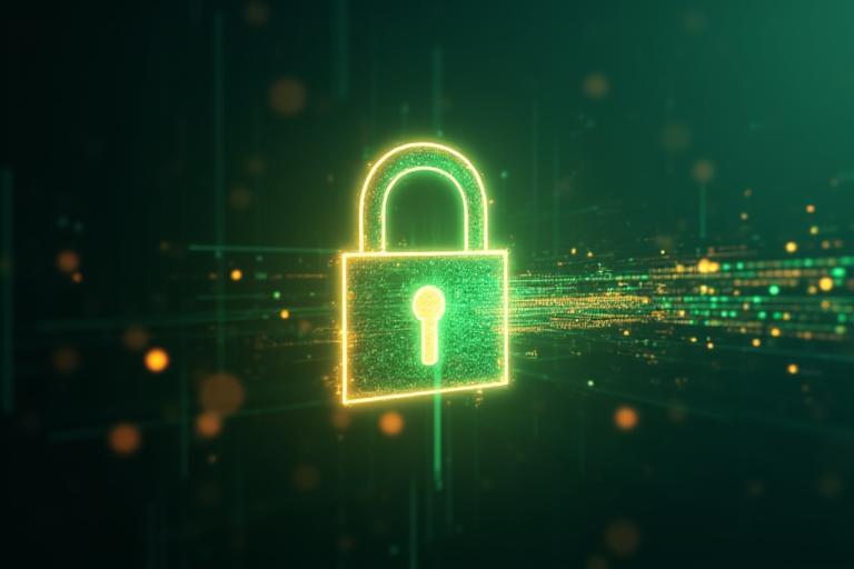 Digital lock icon with flowing data lines, symbolizing robust encryption and data security measures