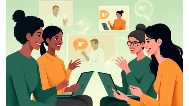 A diverse group of adults showing respect and positive interaction in a digital setting, symbolizing community guidelines and responsible online conduct.