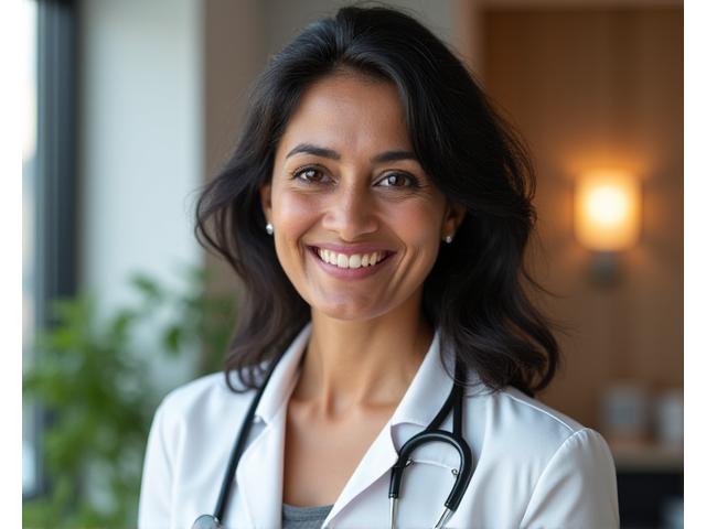 Portrait of Dr. Anita Patel, a smiling female nutritionist of Indian descent, in a professional setting.