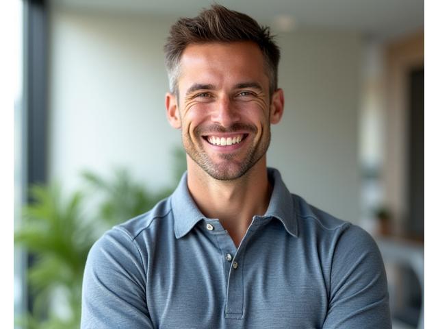 Portrait of Mark Taylor, a confident male with a warm smile, appears to be a fitness expert in active wear.
