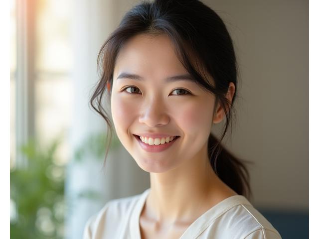 Portrait of Sarah Chen, a compassionate female therapist, with a calm and welcoming expression.