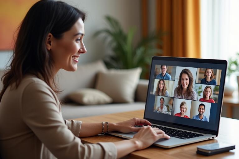 A woman in her 40s actively participating in an online wellness workshop, taking notes while looking at her laptop screen, with a background of other joyful, diverse virtual participants in small video frames.