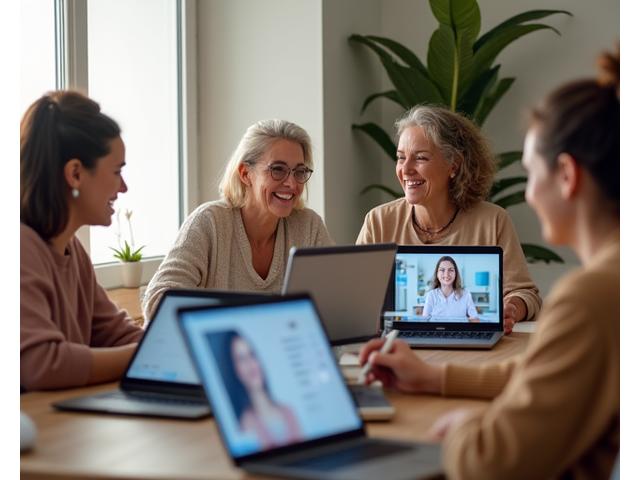 A diverse group of adults aged 35-55, smiling and engaged while participating in an online wellness workshop on their laptops and tablets from their comfortable homes. The scene is bright and inviting.